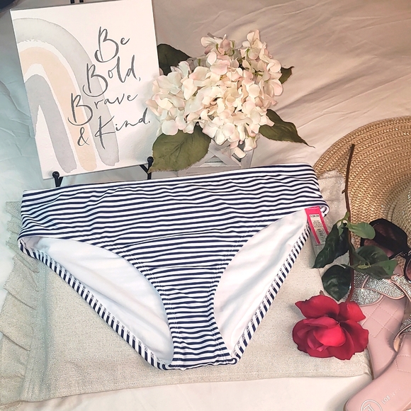 Bikini Bottom  Plus Size Cheeky Navy Blue Stripe Bikini Bottom Xhilaration - Picture 11 of 12